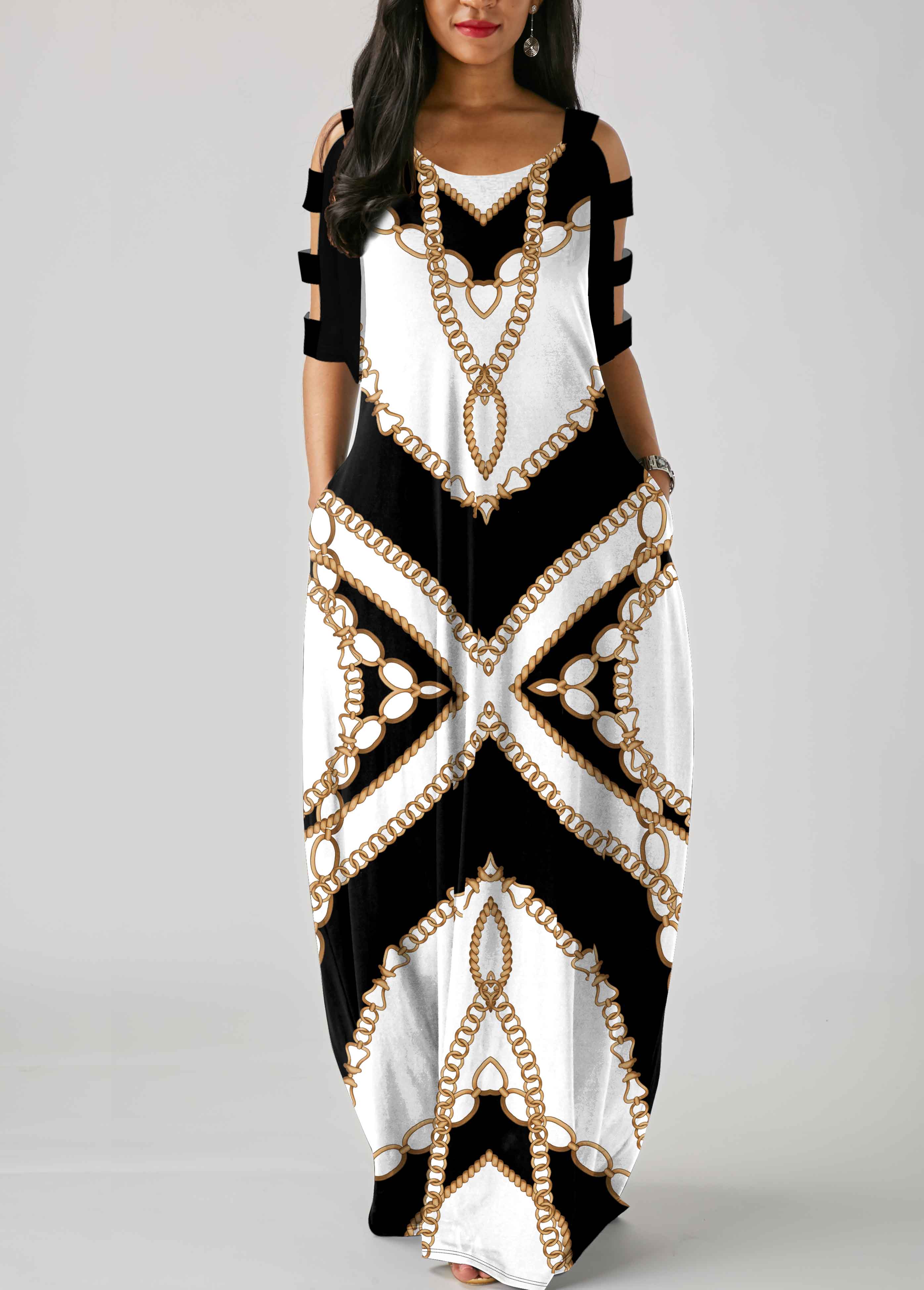 White Ladder Cutout Tribal Print Maxi Dress