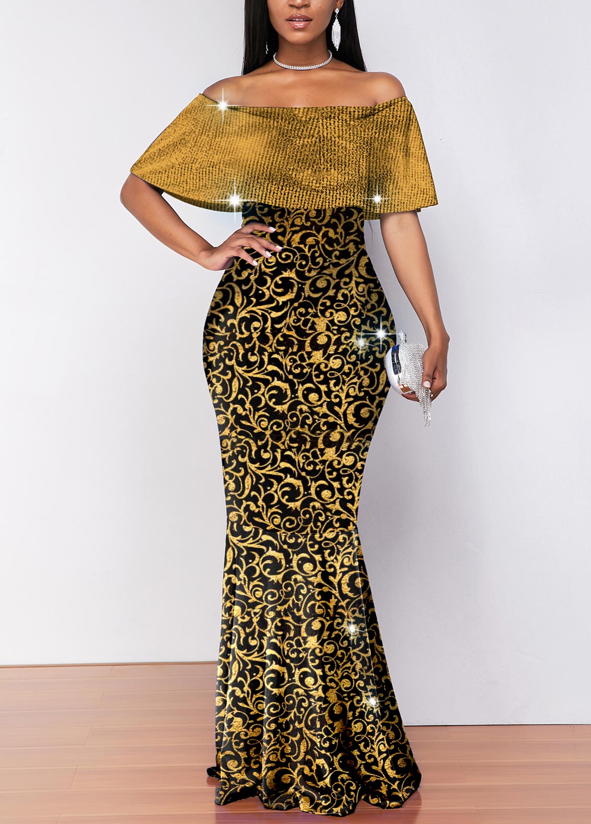 Golden Hot Stamping Off Shoulder Maxi Dress