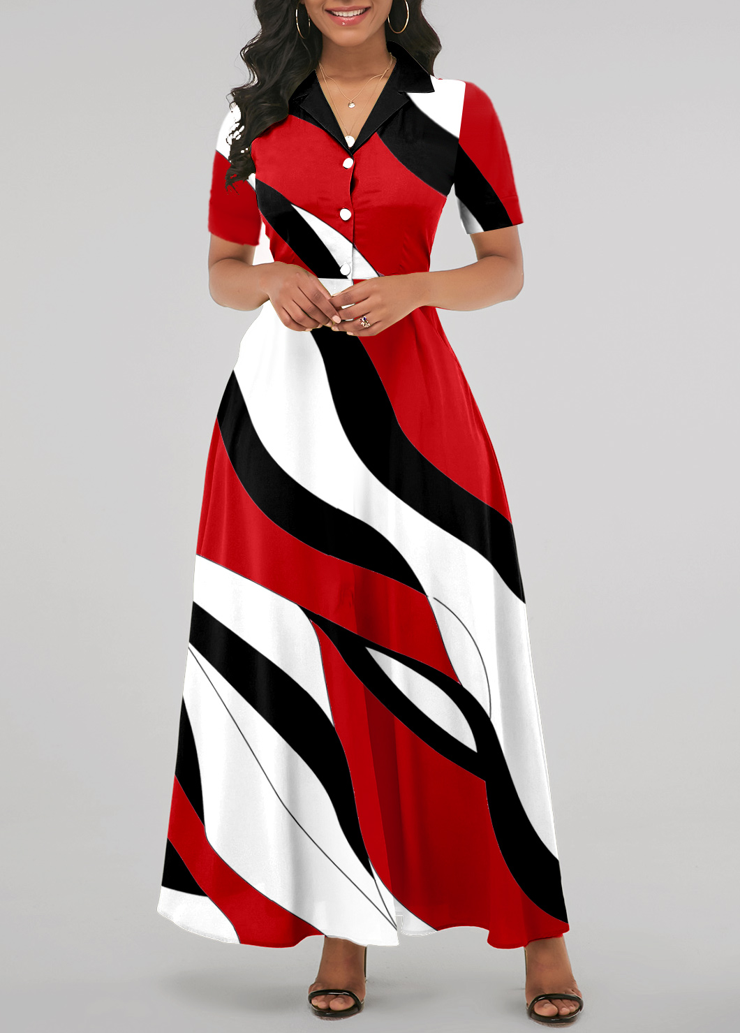 Red Pocket Geometric Print Short Sleeve Maxi Dress