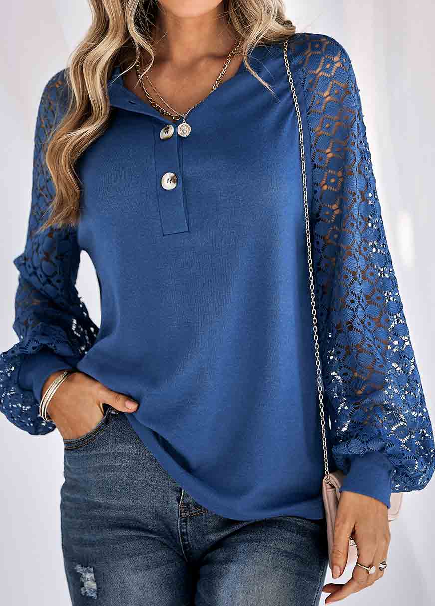 Navy Lace Long Sleeve Round Neck T Shirt