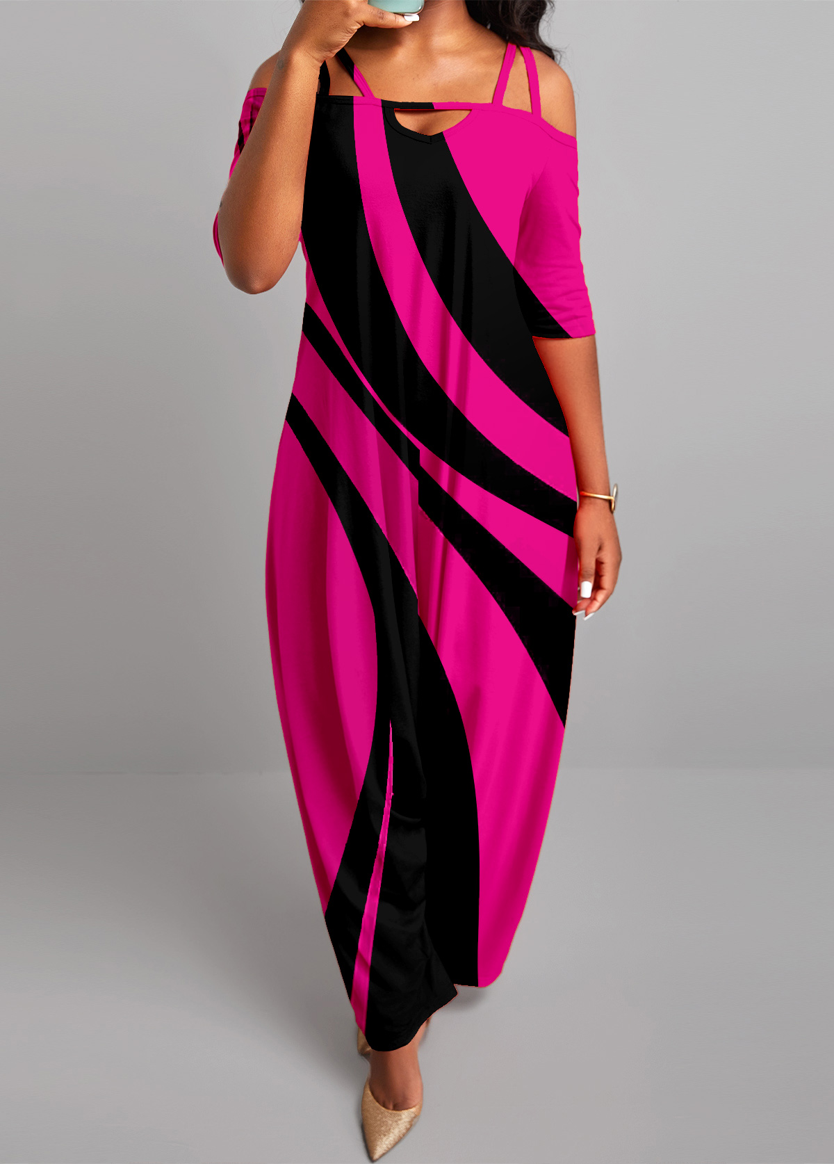 Hot Pink Striped Half Sleeve Jumpsuit