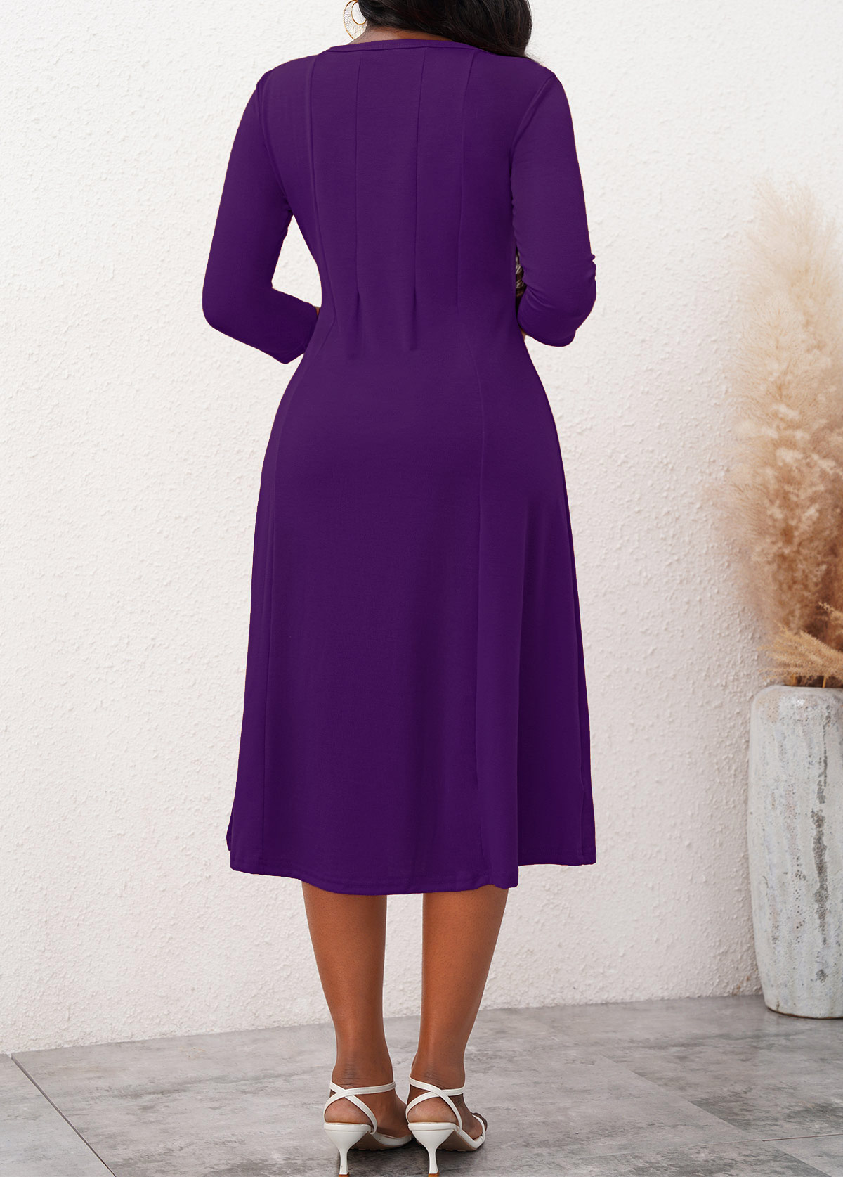 3/4 Sleeve Round Neck Purple Dress