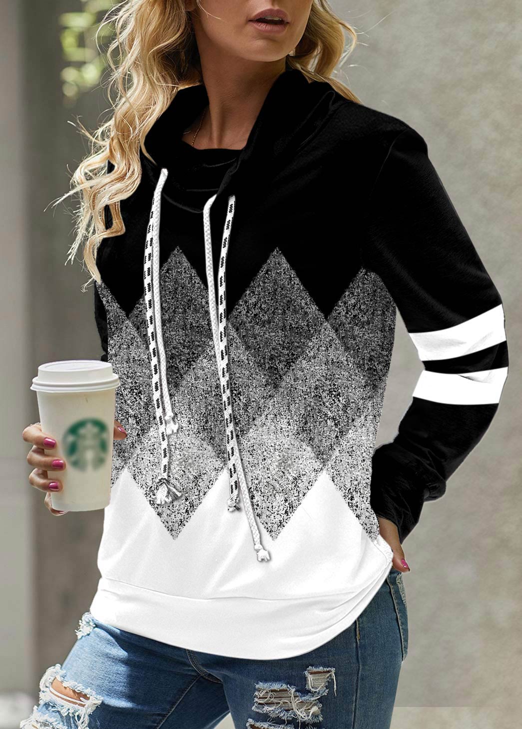 Black Geometric Print Long Sleeve Cowl Neck Sweatshirt