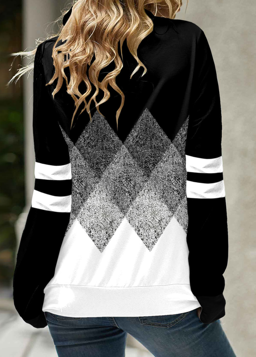 Black Geometric Print Long Sleeve Cowl Neck Sweatshirt