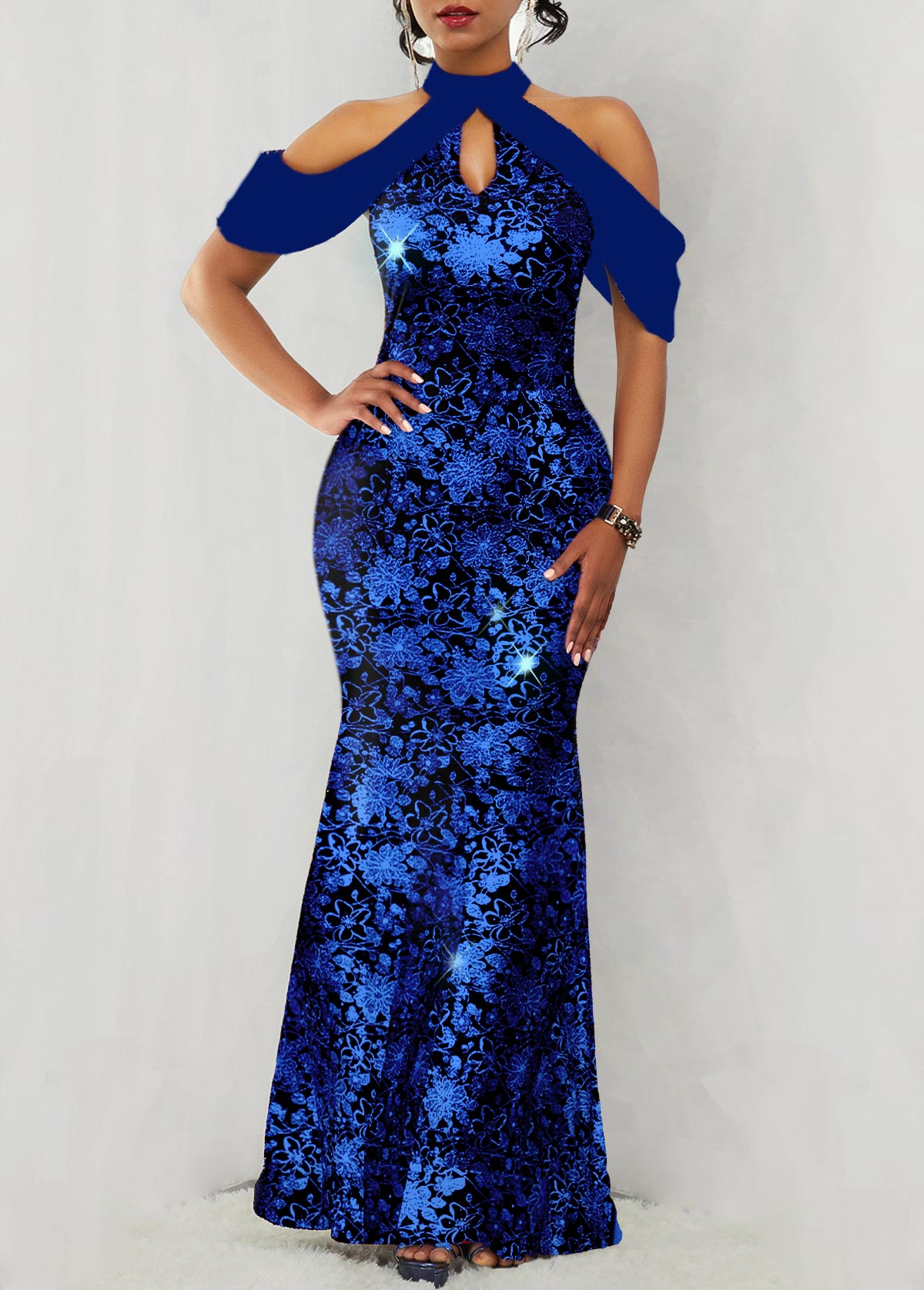 Sapphire Blue Hot Stamping Floral Print Maxi Dress