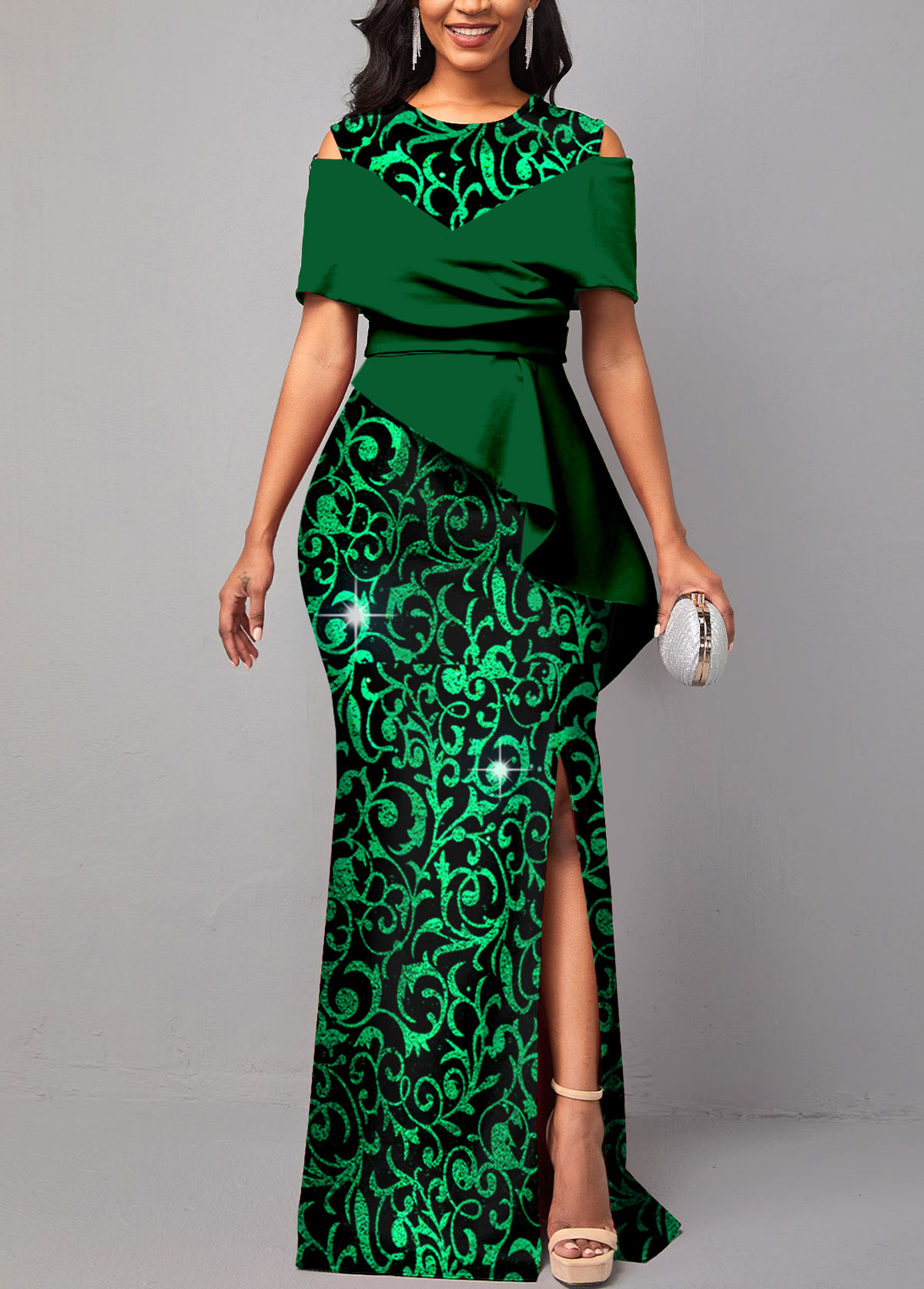 Green Hot Stamping Floral Print Maxi Dress