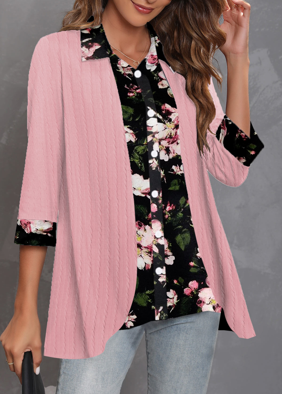 Pink Fake 2in1 Floral Print Blouse