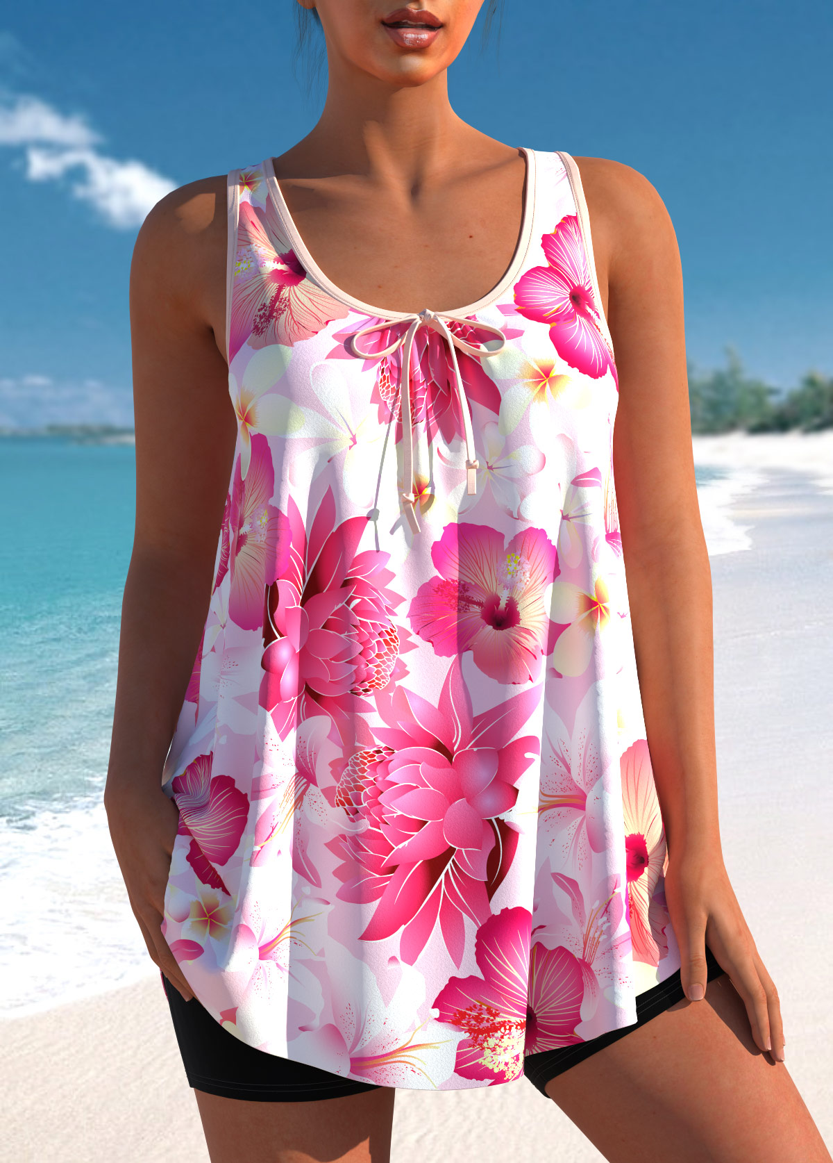 Floral Print Wide Strap Pink Tankini Top