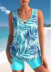 Tropical Print Cyan Lace Stitching Tankini Set