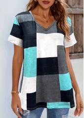 Cyan Contrast V Neck Short Sleeve T Shirt