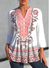 Tribal Print White Split Neck 3/4 Sleeve Blouse