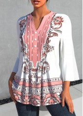 Tribal Print White Split Neck 3/4 Sleeve Blouse | thumb picture 