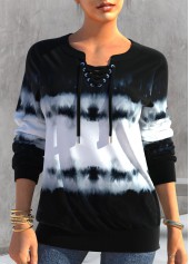 Split Neck Tie Dye Print Black Sweatshirt