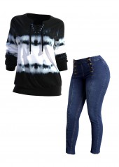 Split Neck Tie Dye Print Black Sweatshirt | thumb picture 