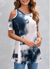 Tie Dye Print Cold Shoulder Navy T Shirt | thumb picture 