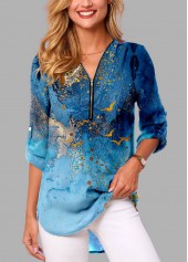 Blue Zipper Ombre Long Sleeve V Neck Blouse