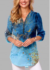 Blue Zipper Ombre Long Sleeve V Neck Blouse