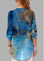 Blue Zipper Ombre Long Sleeve V Neck Blouse