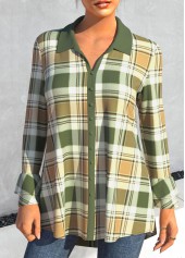 Plaid Turndown Collar Green Long Sleeve Blouse