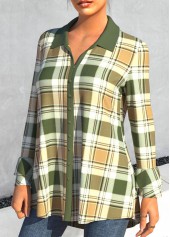 Plaid Turndown Collar Green Long Sleeve Blouse | thumb picture 