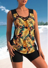 Leaf Print Cross Strap Black Tankini Set
