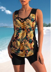 Leaf Print Cross Strap Black Tankini Set | thumb picture 