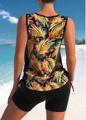 Leaf Print Cross Strap Black Tankini Set | thumb picture 