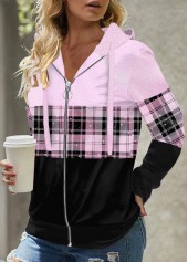 Light Purple Tartan Print Long Sleeve Hoodie