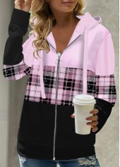 Light Purple Tartan Print Long Sleeve Hoodie