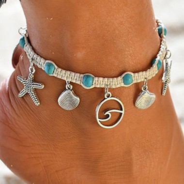 Turquoise Seashell Design Silver Metal Anklet