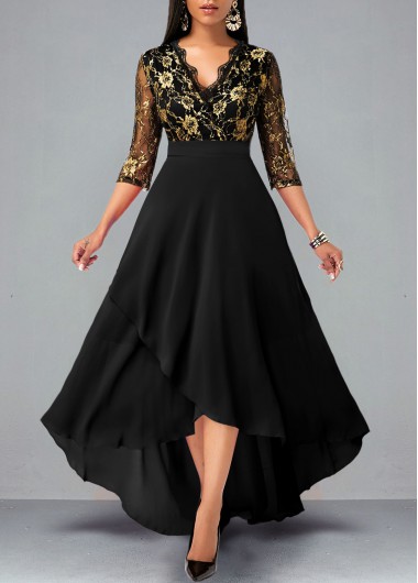 Modlily Floral Lace Patchwork Black High Low Dress - L