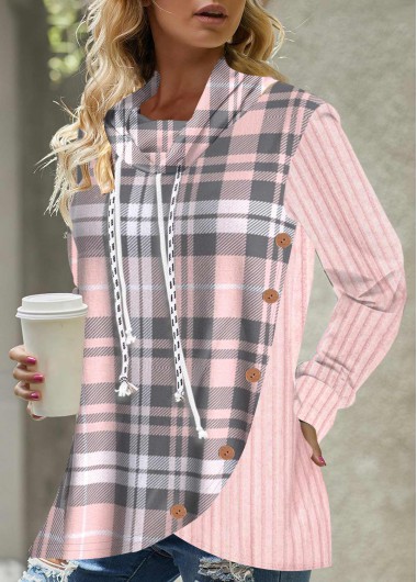 women clothes image of Button Tartan Print Pink Drawstring Sweatshirt