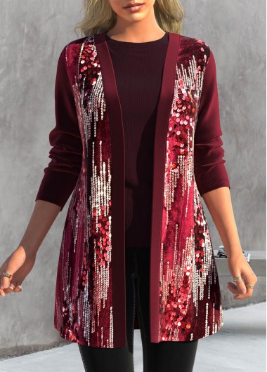 Modlily Wine Red Sequin Long Sleeve Coat - S