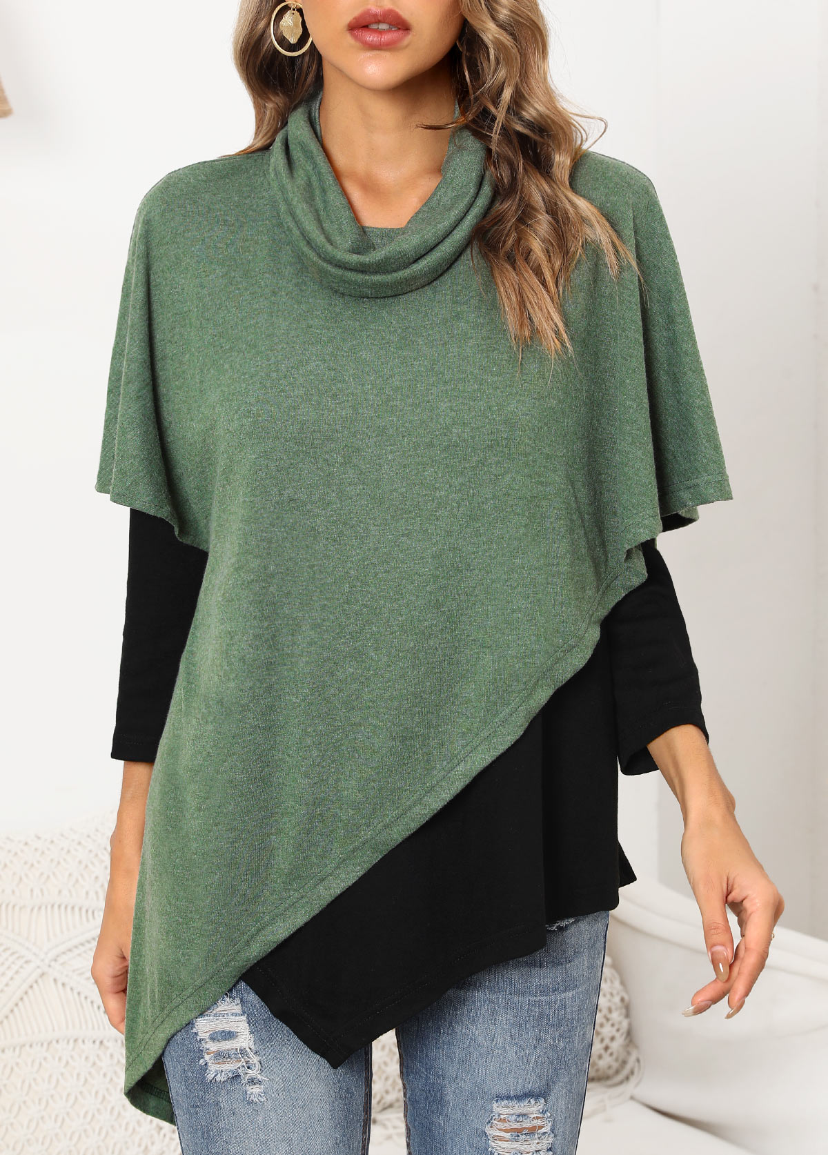 Green Asymmetric Hem Long Sleeve Cowl Neck Sweatshirt