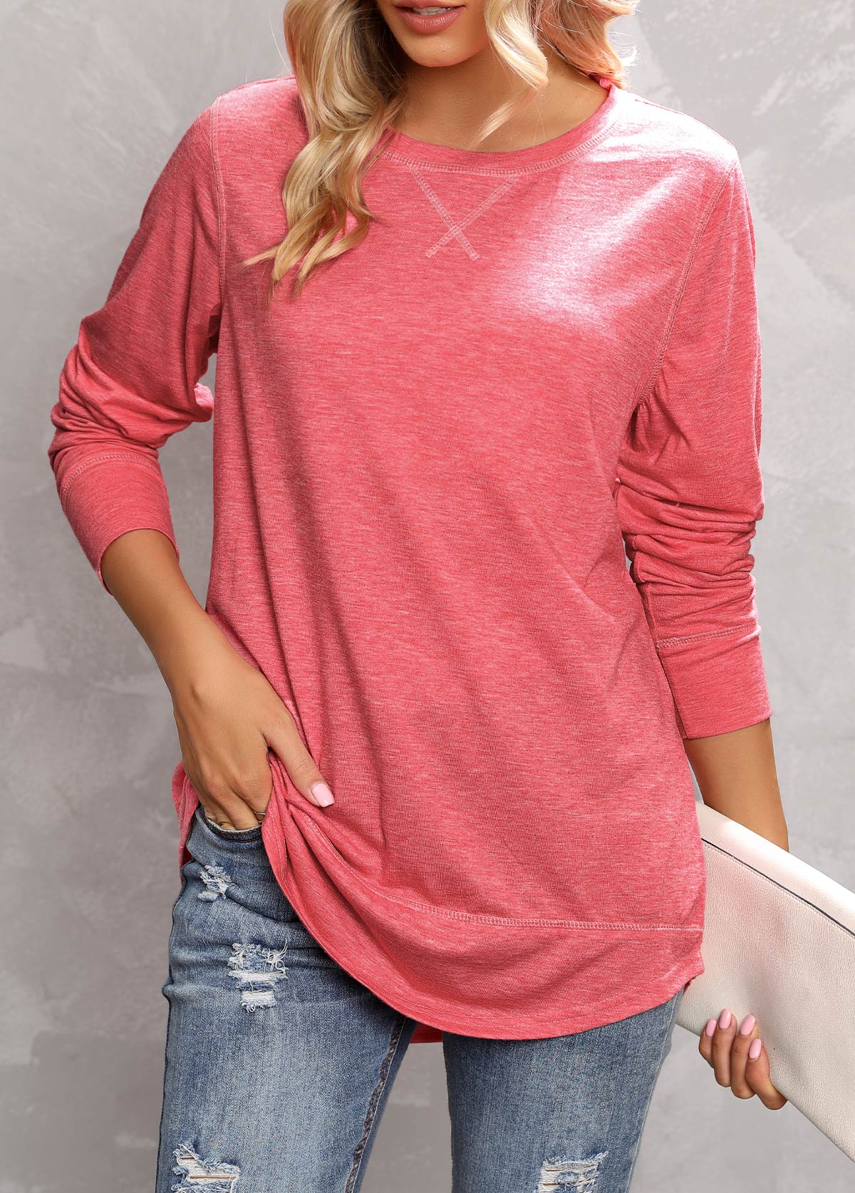 Peach Red Long Sleeve Round Neck T Shirt