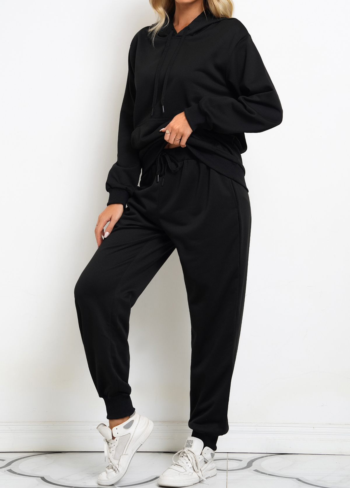 Black Long Sleeve Drawstring Sweatsuit Set