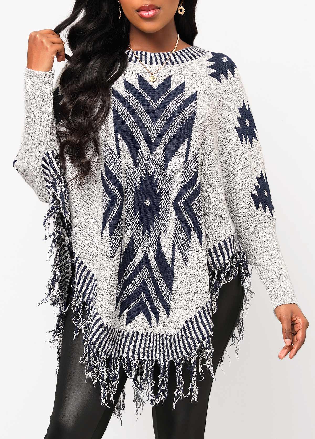 Grey Tassel Fair Isle Print Long Sleeve Sweater