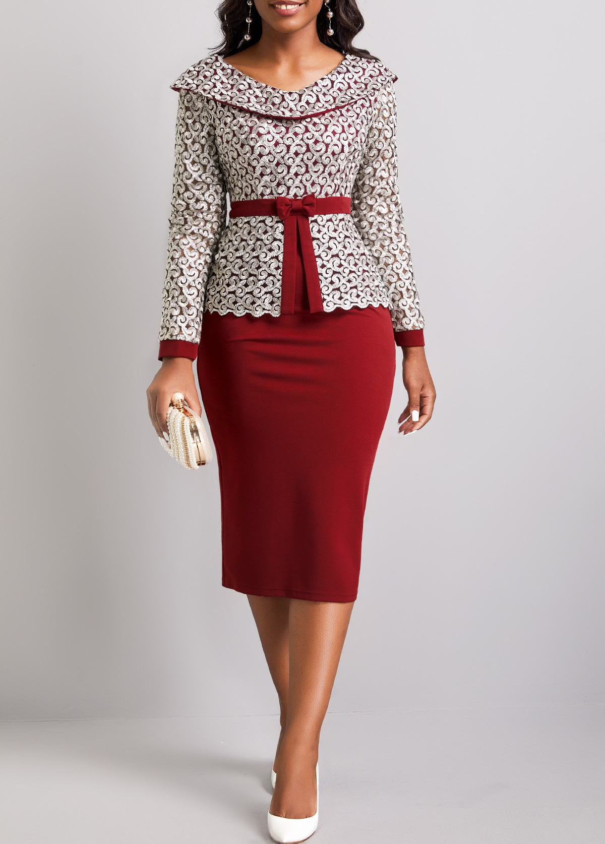 Wine Red Long Sleeve Embroidered Bodycon Dress