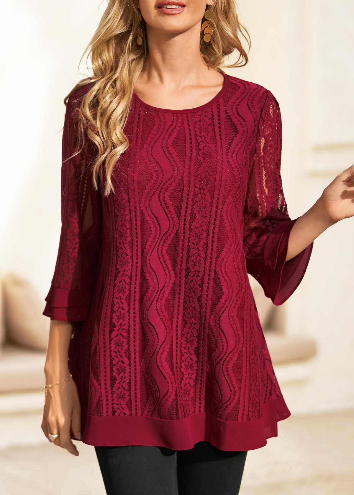Wine Red Lace Stitching 3/4 Sleeve Blouse