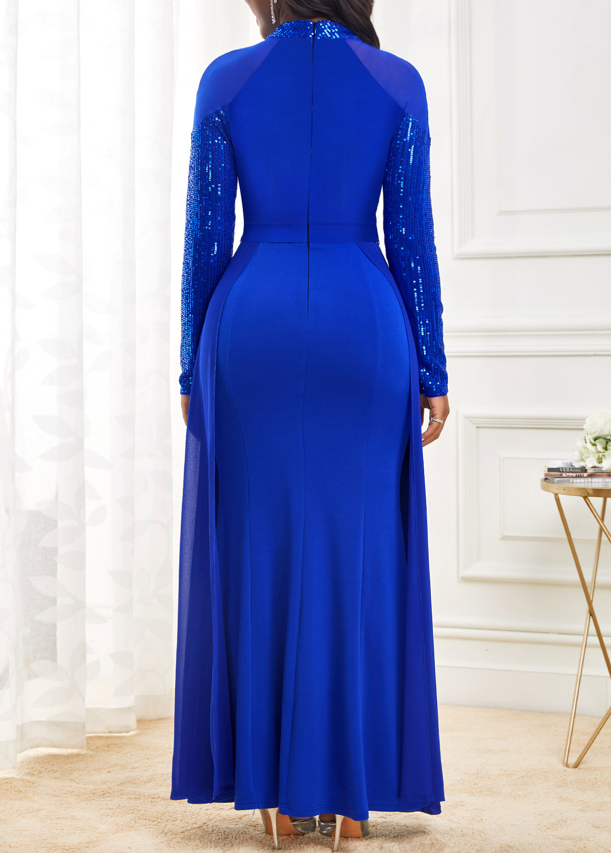 Sapphire Blue Shinning Long Sleeve Maxi Dress