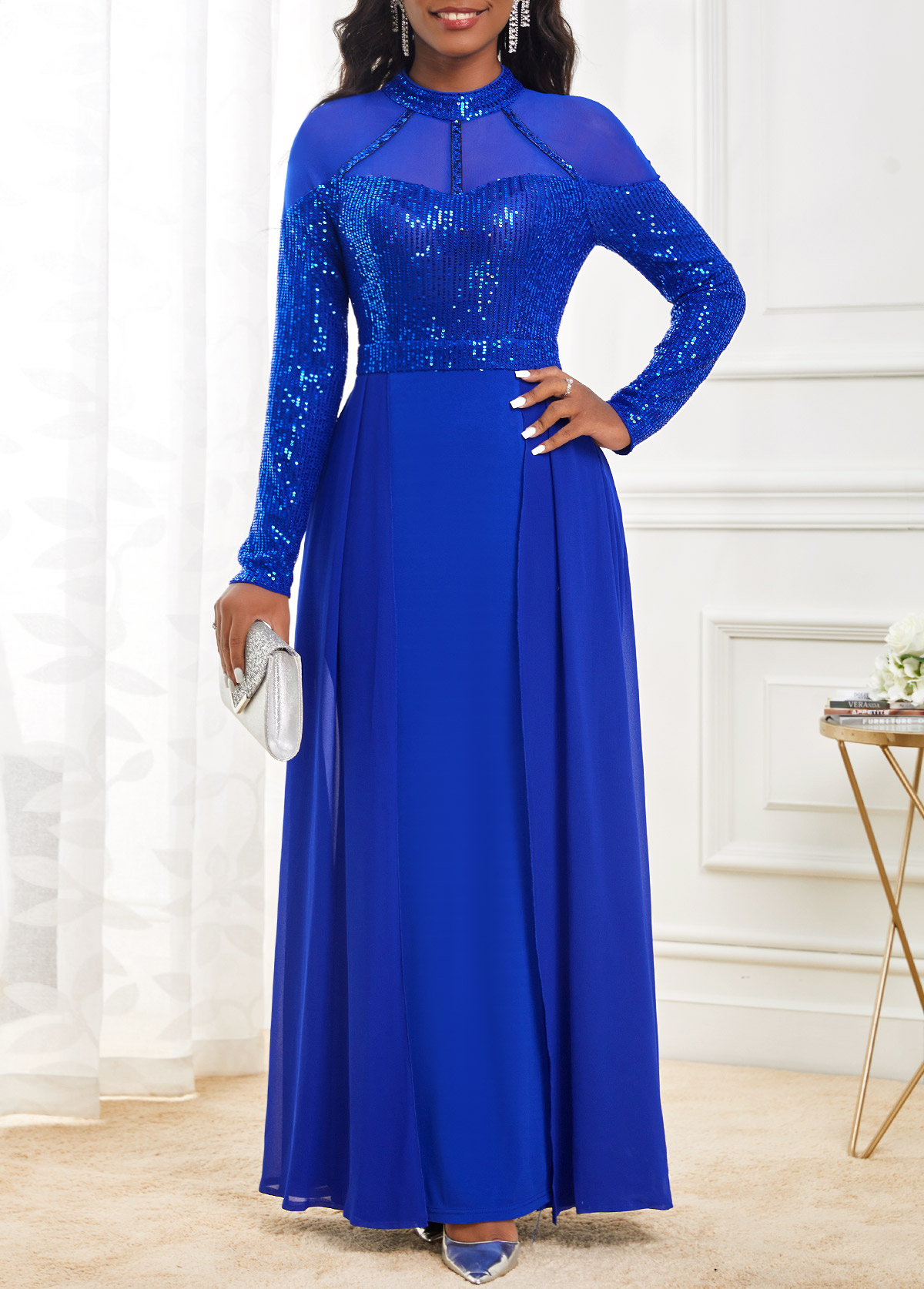 Sapphire Blue Shinning Long Sleeve Maxi Dress