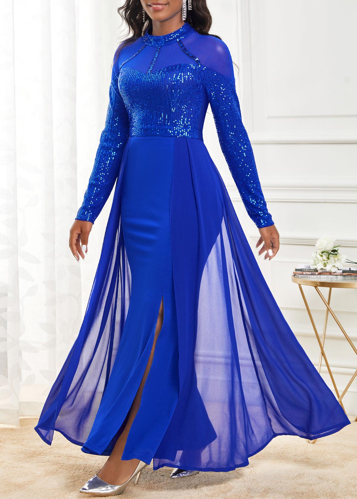 Sapphire Blue Shinning Long Sleeve Maxi Dress | modlily.com - USD 49.98