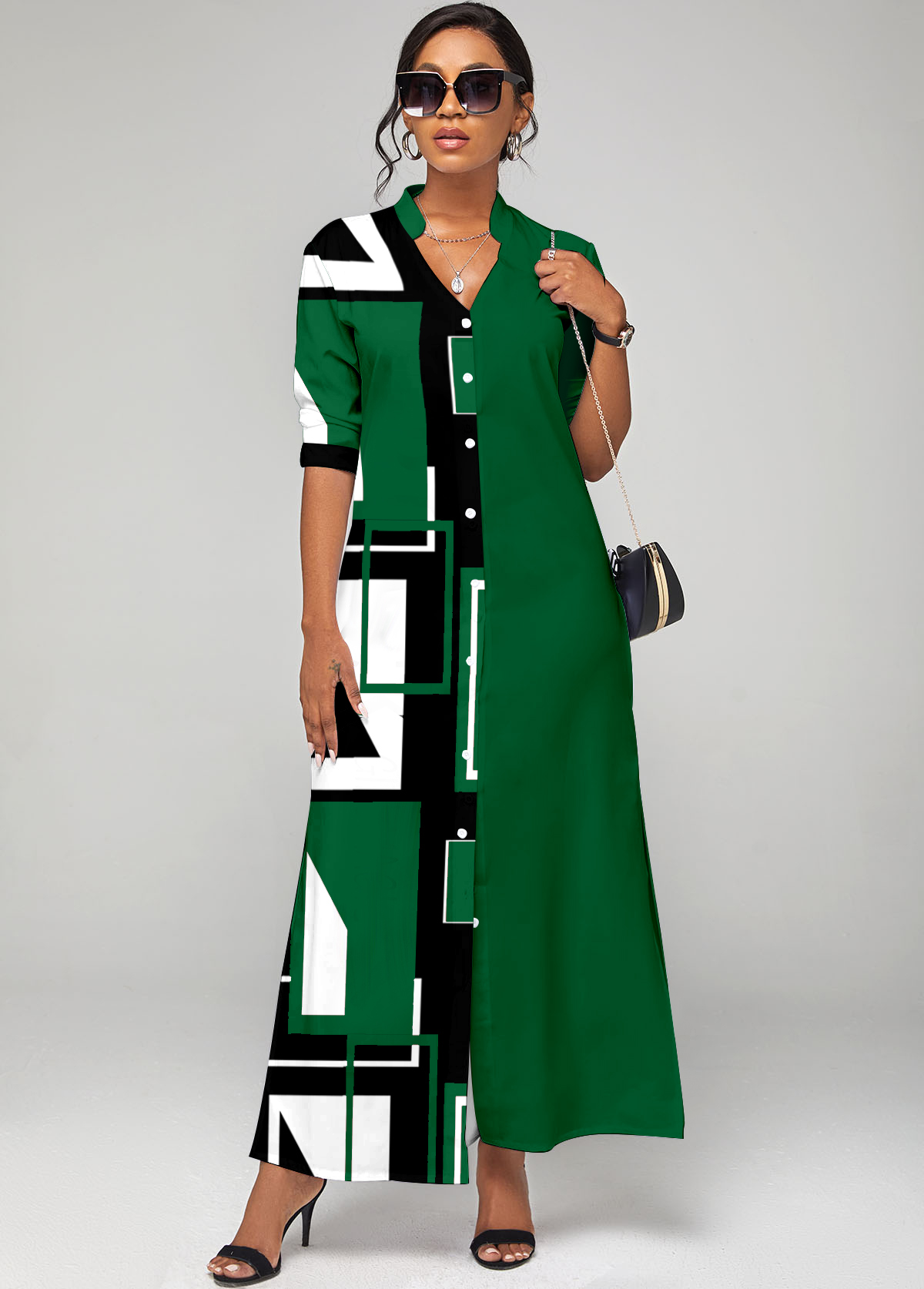 Green Split Neck Geometric Print Button Up Dress