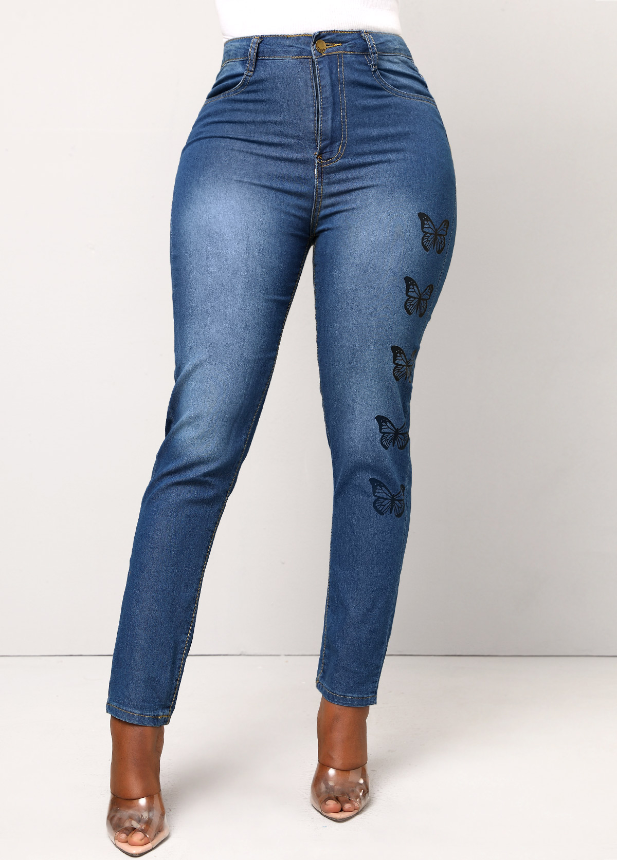 Denim Blue Double Side Pockets Butterfly Print Jeans
