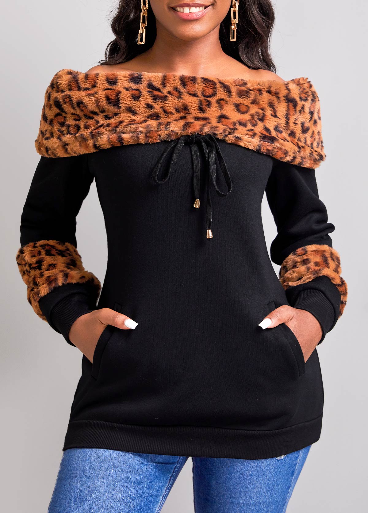 Black Pocket Leopard Long Sleeve Off Shoulder Sweatshirt