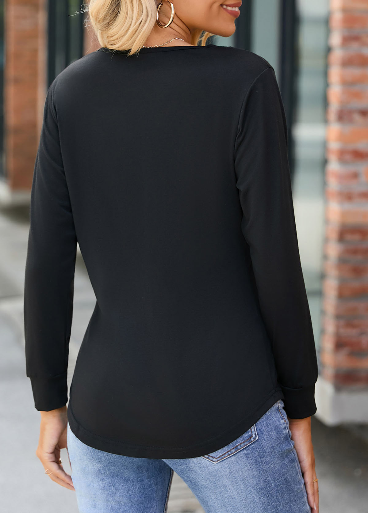 Black Button Long Sleeve V Neck T Shirt