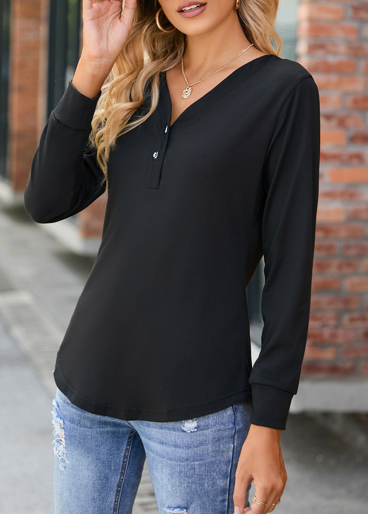 Black Button Long Sleeve V Neck T Shirt