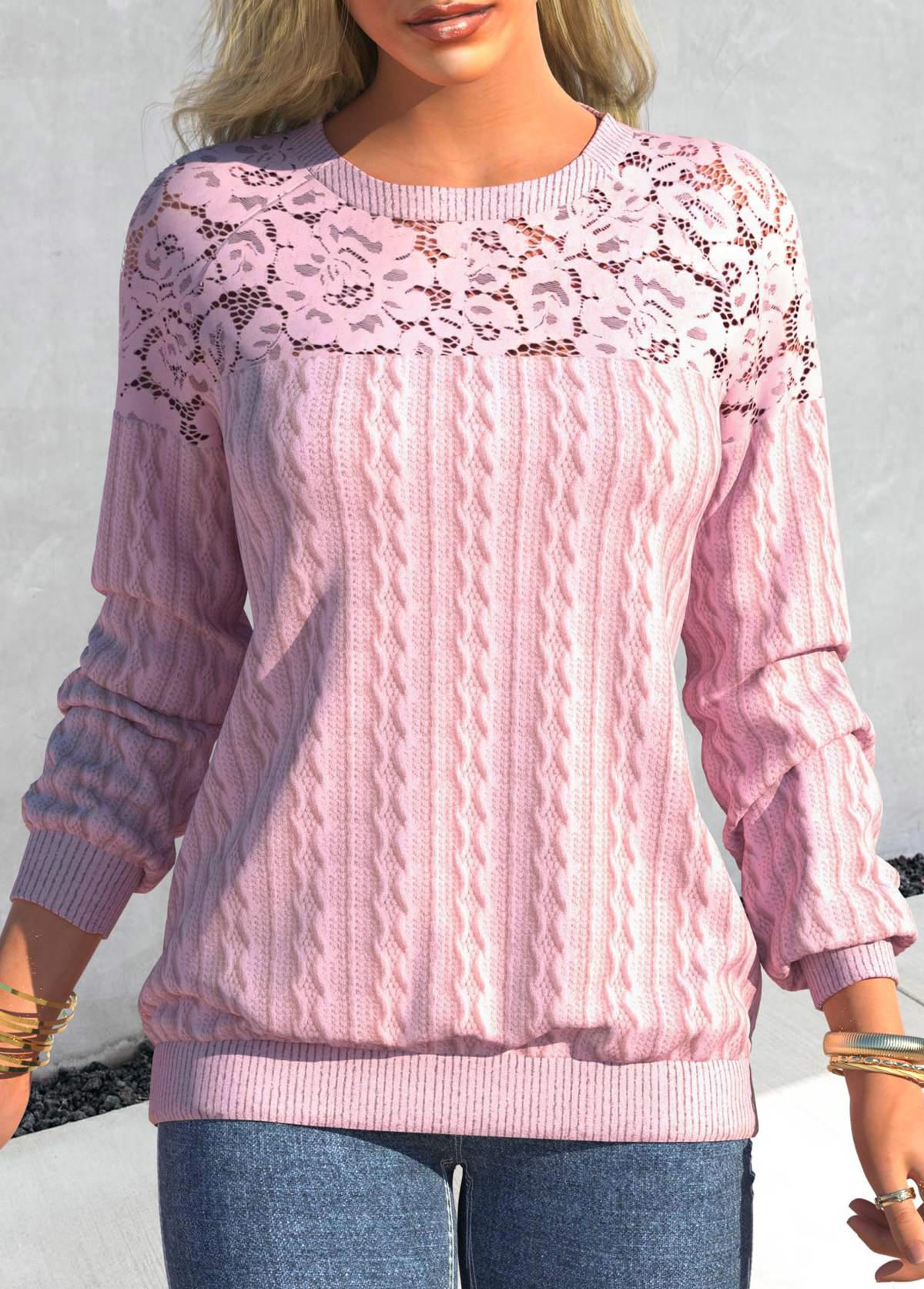 Pink Lace Patchwork Long Sleeve Round Neck Sweatshirt
