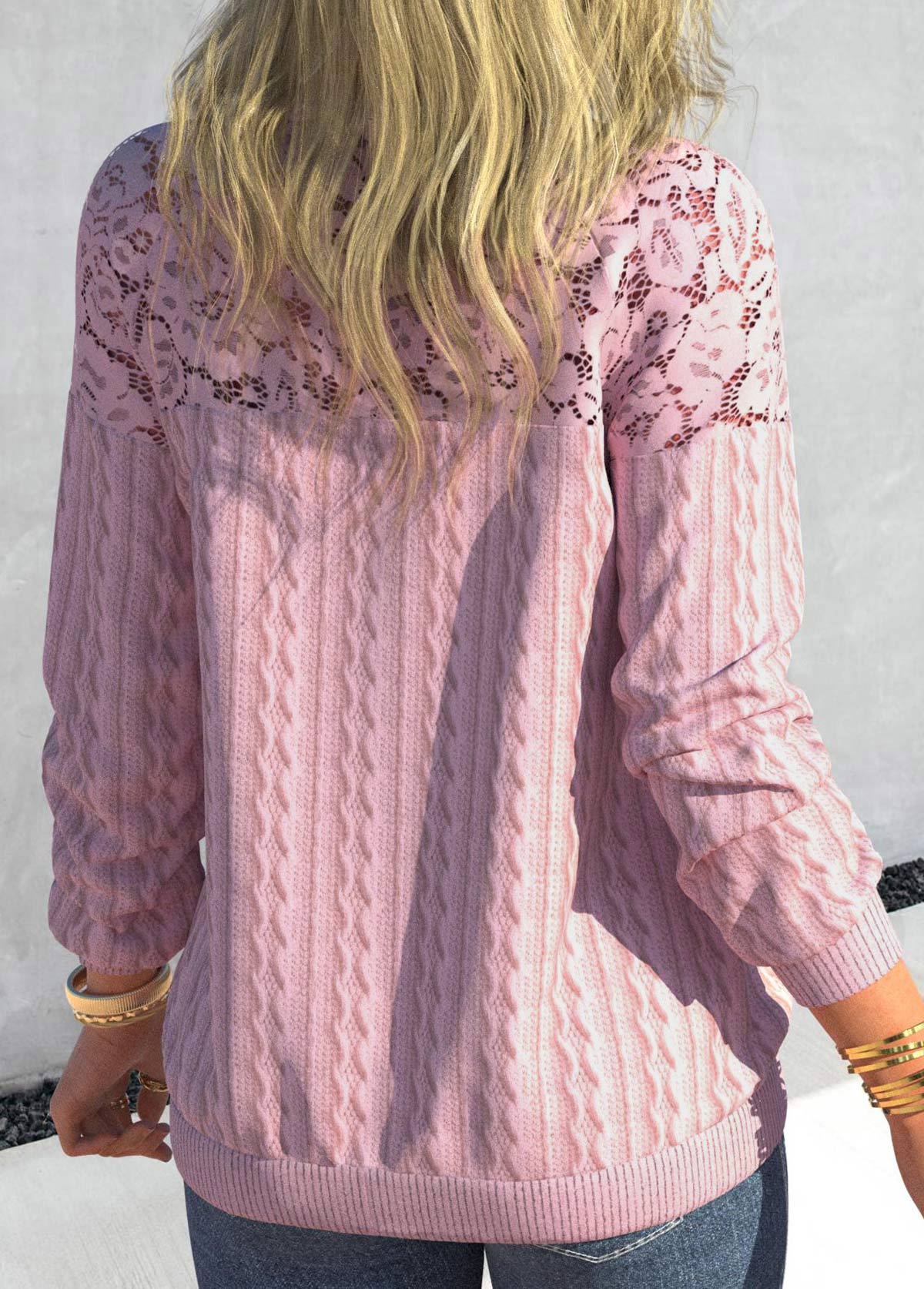 Pink Lace Patchwork Long Sleeve Round Neck Sweatshirt