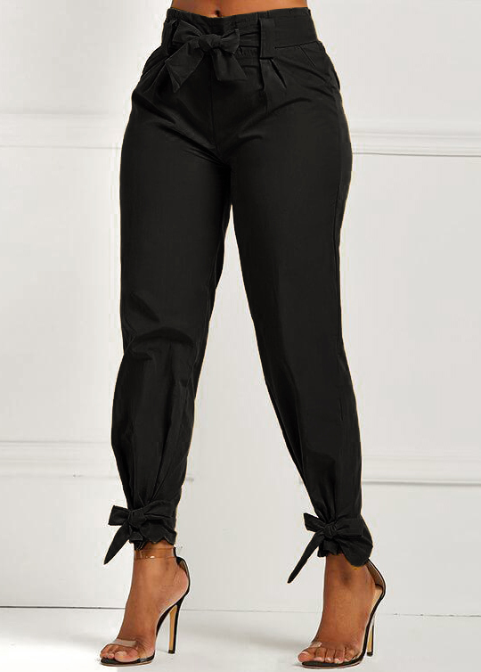 Black Belted Elastic Mid Waisted Pants